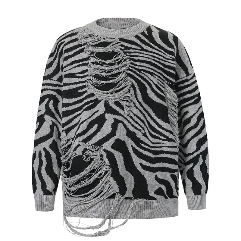 Pattern Sweater Mens Ripped Autumn Winter High Street Loose Crew Neck Knitted Pullover Men