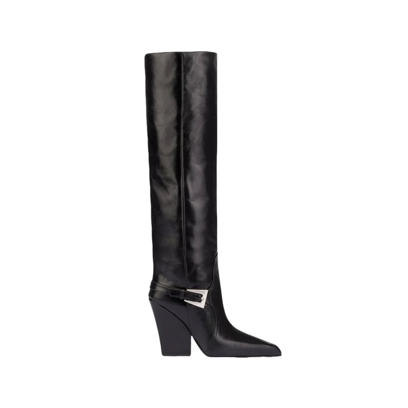 Autumn and Winter Long Boots with Square Toe Thick Heel One Foot Belt Buckle Knee High Boots