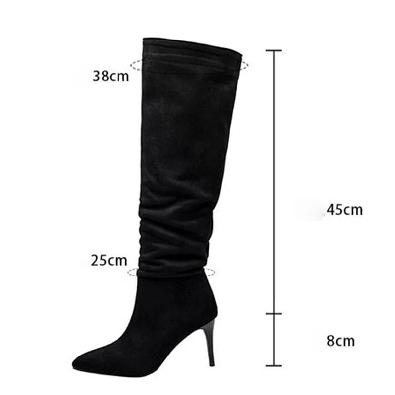 Women Knee High Boots Pointed Toe Thin Heels Flock Pleated Party Long Booties