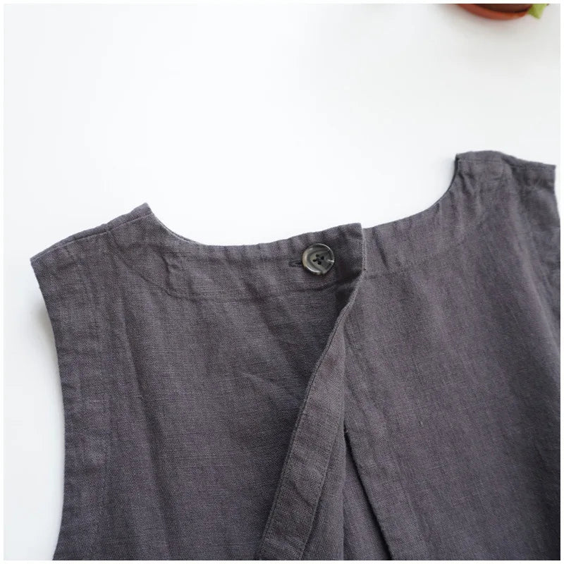 Summer Linen Women Tops Casual Solid Sleeveless Back Button Patchwork Tank Top Women Clothing Offer Free Shipping