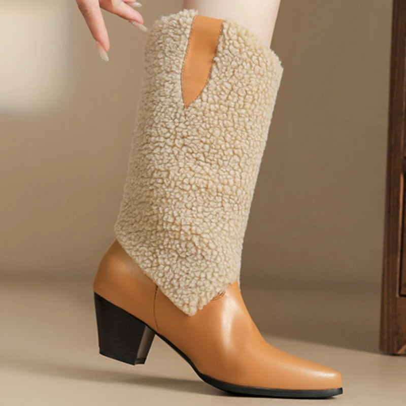 Fur Knee High Boots for Women Warm Snow Winter Boot Heels