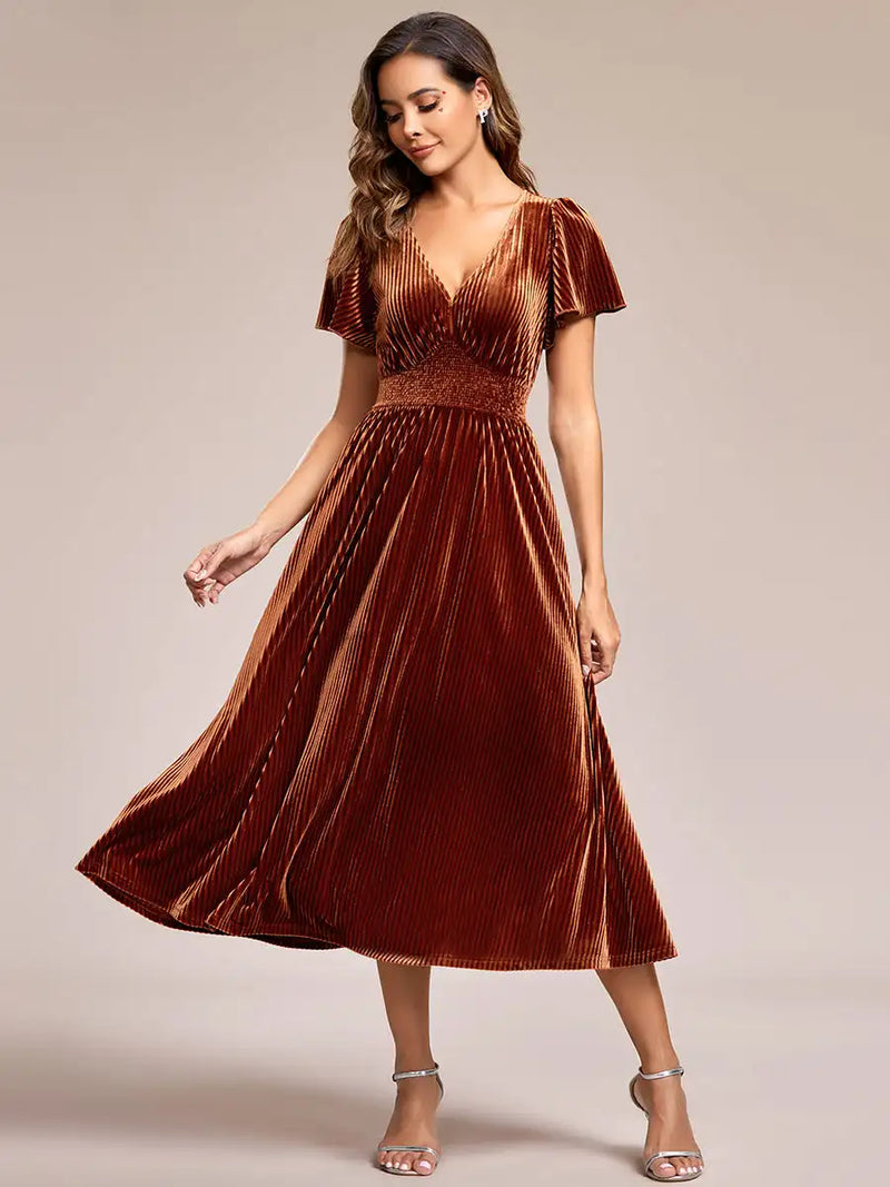 Elegant Evening Dresses Tea Length Velvet Wedding Guest Dress