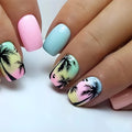 24Pcs Summer Fake Nail with Glue Short Square Head False Nails Colorful Coconut Treed Design Press on Nails Wearable Nail Art