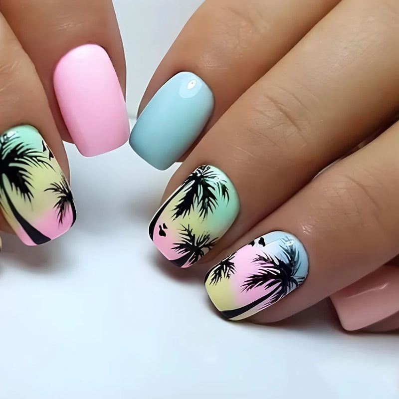 24Pcs Summer Fake Nail with Glue Short Square Head False Nails Colorful Coconut Treed Design Press on Nails Wearable Nail Art