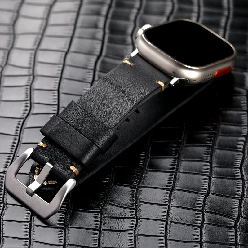 Handmade Black Leather Watchband For Apple iwatch 8/7 Ultra Men Vintage Bracelet