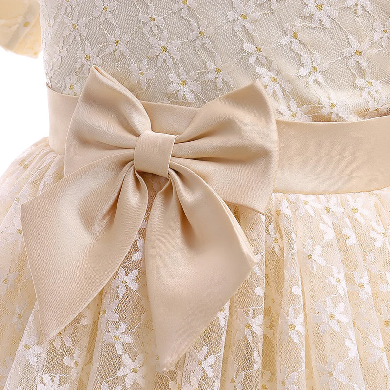 Elegant Girl Princess Dress Kids Puff Sleeve Gown Birthday Bow Flower Wedding Party Prom Clothes Formal Evening