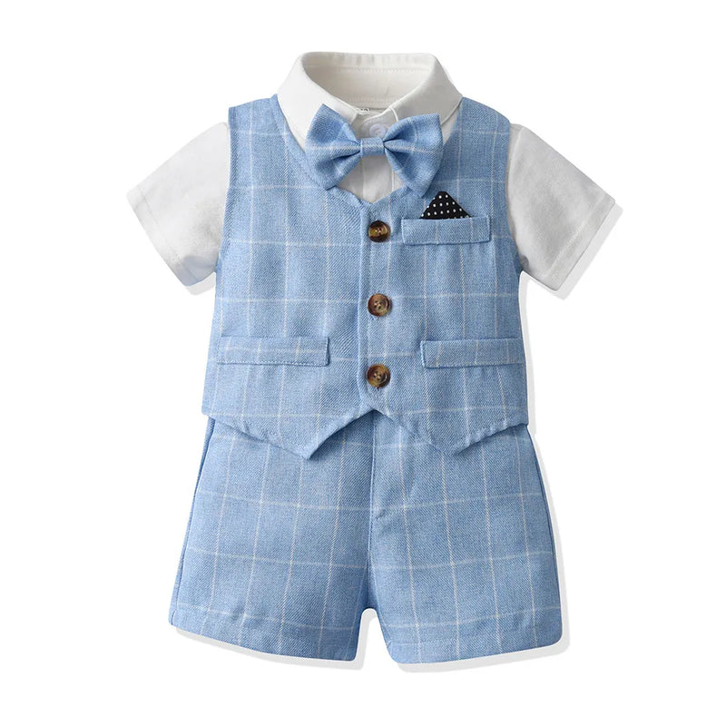 Baby Boy Formal Suit Blue Toddler Boy 1st Birthday Outfit Kids Party Suit Designer Dress Baby Bow Romper Shirt Shorts Vest