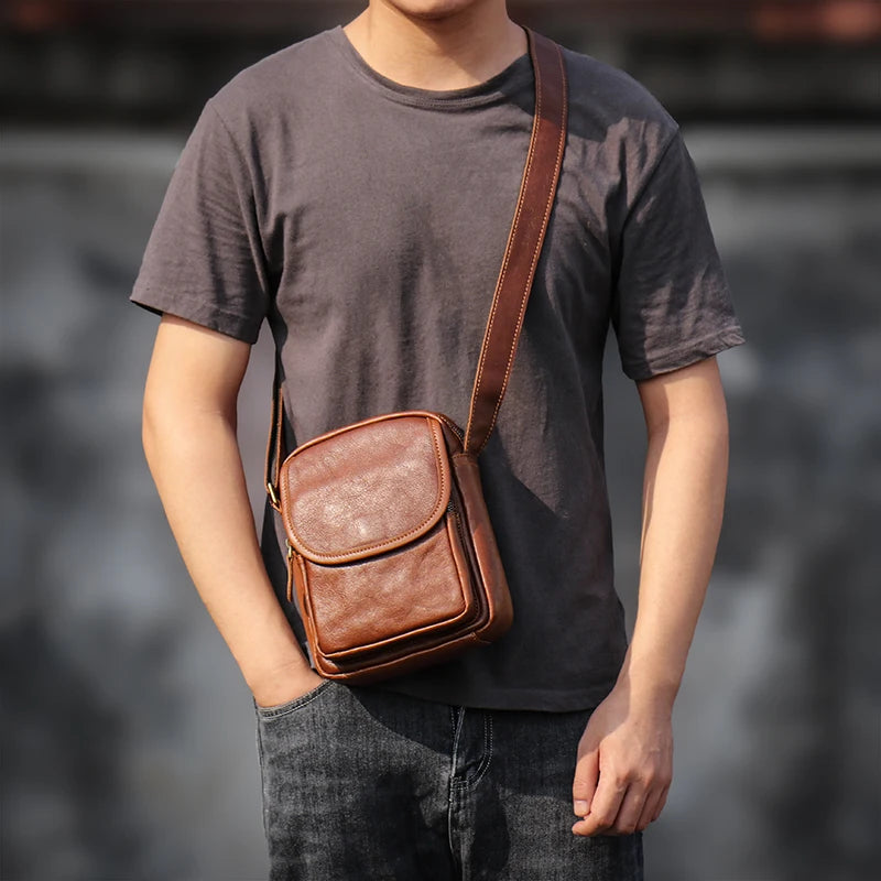 Leather Zipper Men's Shoulder Bag Natural Casual Satchel Man Retro Small Bag