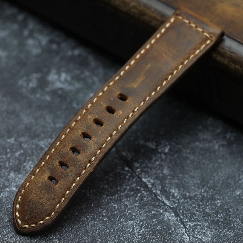 Handmade Vintage Leather Watchband Bronze Watch Buckle 22 24 26MM Brown Men's Bracelet Vintage Style