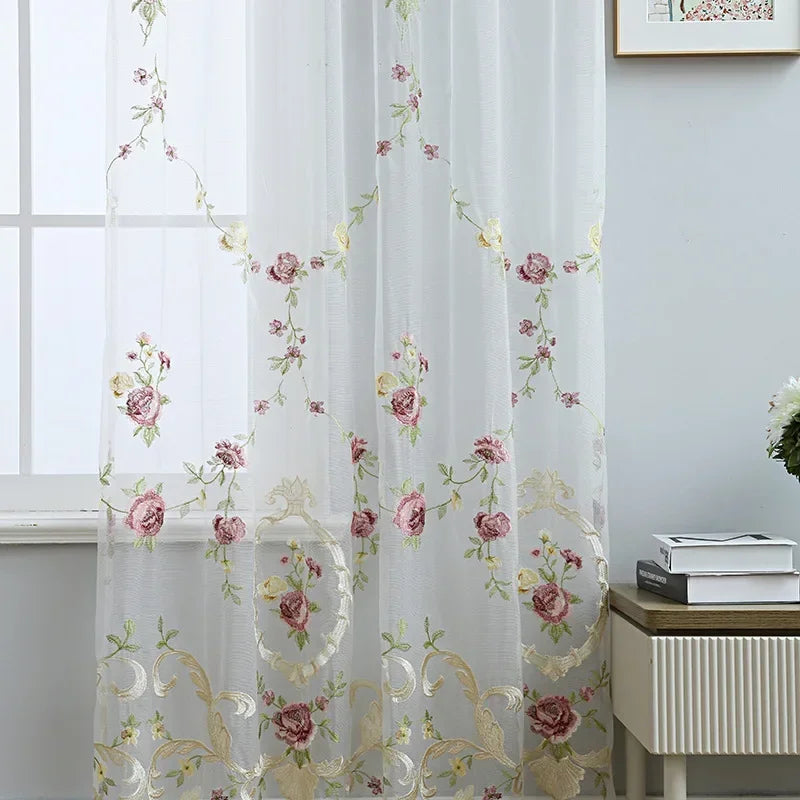 Flower Embroidered Curtains for Living Dining Room Bedroom Semi-Blackout Yarn Sheer Transparent