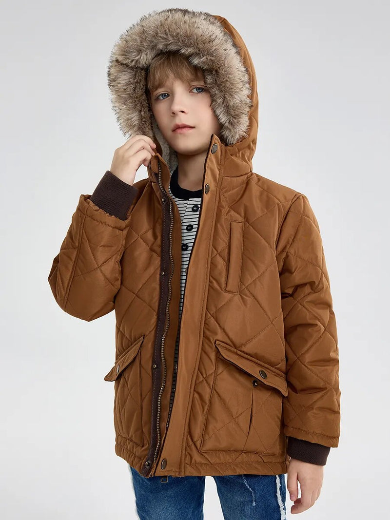 Little Boys Winter Jacket Toddler Kids Puffer Faux-Down Sherpa Lined Fur Hood Mid-Weight Water-Resistant Coat