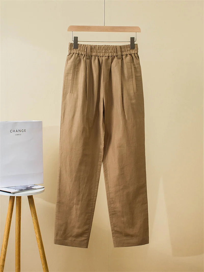 Summer Women's Solid Beaded Chain Elastic Waist Pants Linen Harlem Pants