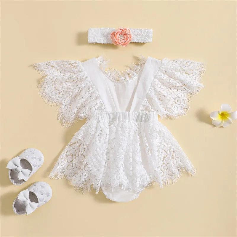 Summer Infant Baby Girl Outfits Short Sleeve Flower Front Lace Bodysuit Dress Clothes