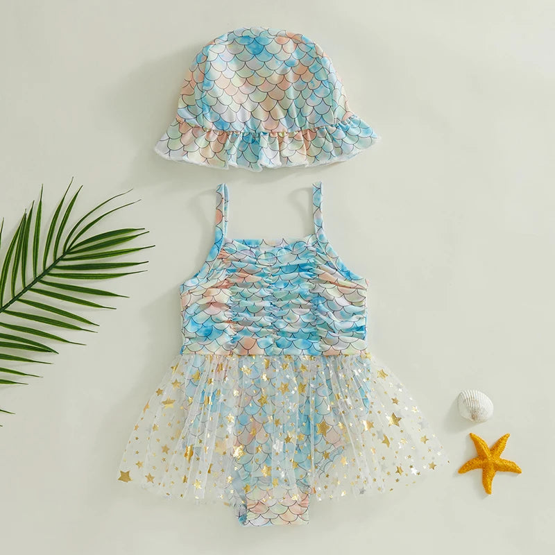 Toddler Girls Summer Casual Swimwear Sleeveless Fish Scale Print Tutu Bathing Suit with Hat