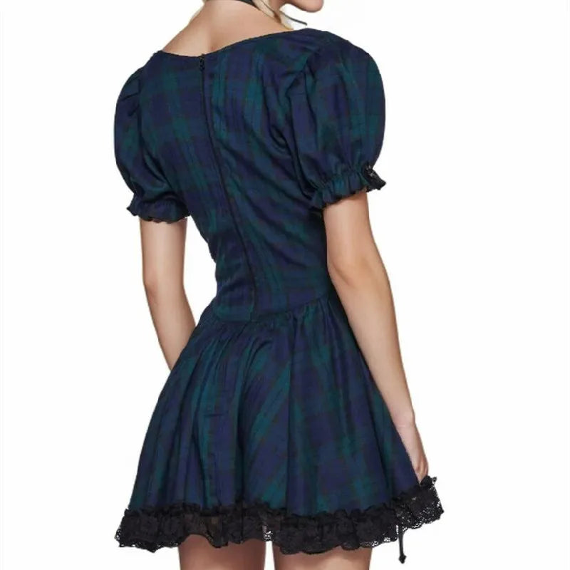 Stitching Wood Lace Cross Lacing up Short Puff Sleeve Mini Dress Woman Plaid Slim Waist Holiday