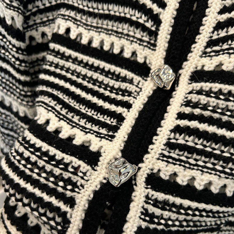 Sweater Cardigan White Black Striped Knitted Sweater Women Short Cardigan Long Sleeve Cardigan Female