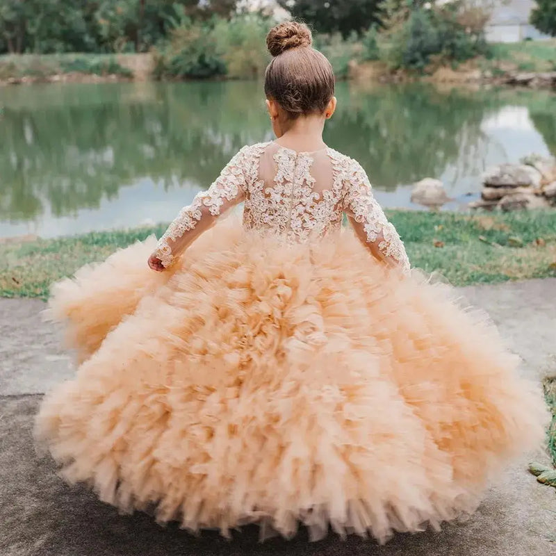 Layered Flower Girl Dress For Wedding Applique Puffy Tulle Full Sleeves Lace Birthday