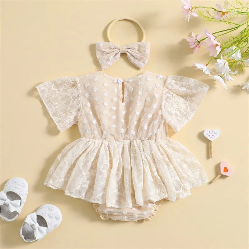 Newborn Baby Girls Summer Rompers Dress Princess Infant Girl Lace Embroidery Elegant Short Sleeve Jumpsuits Tulle Dress Headwear