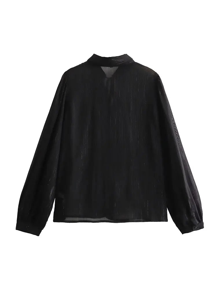 Spring Women Semi-Sheer Shirt Solid Lapel Long Sleeve Streetwear Elegant Shirts