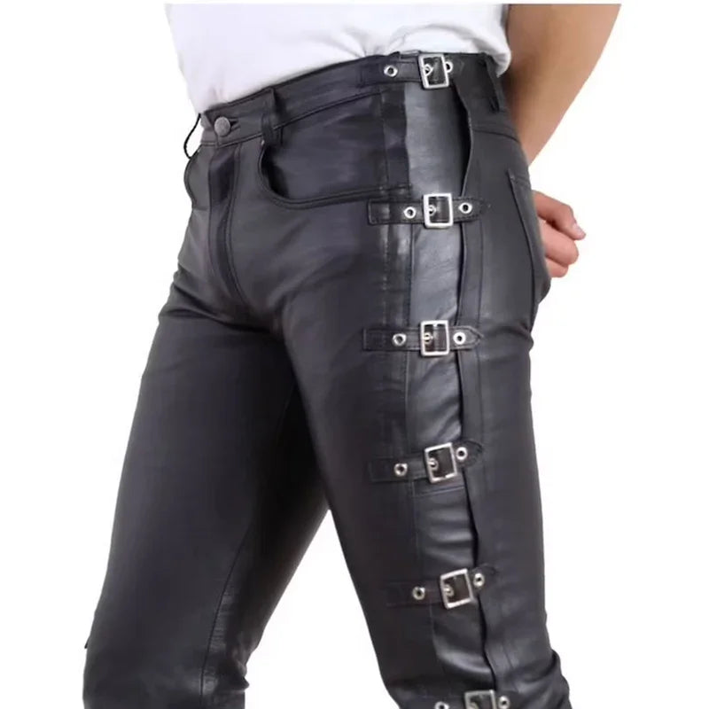 Men Leather Straight Pants Male Slim Splicing Pencil Trousers