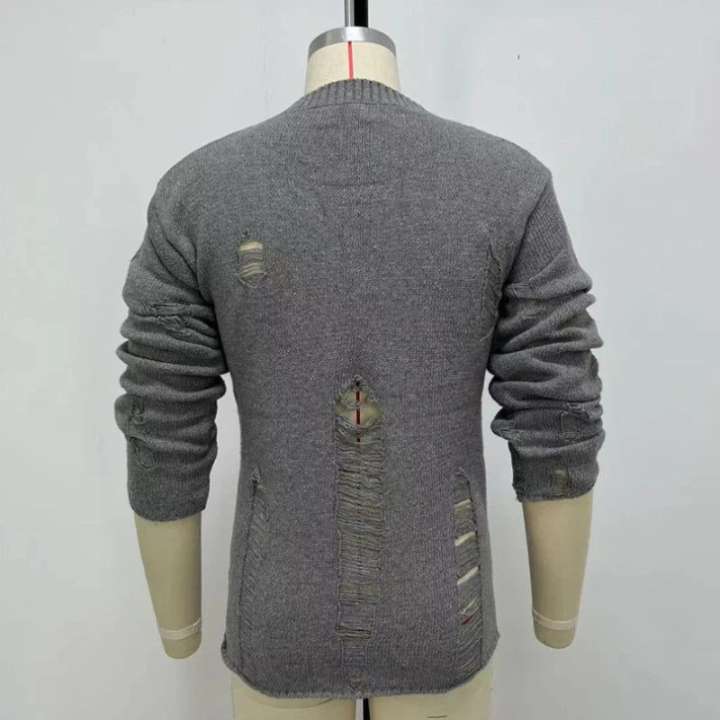 Men's Hole Knitwear Loose Retro Simple Round Neck Pullover Male Streetwear Casual Solid