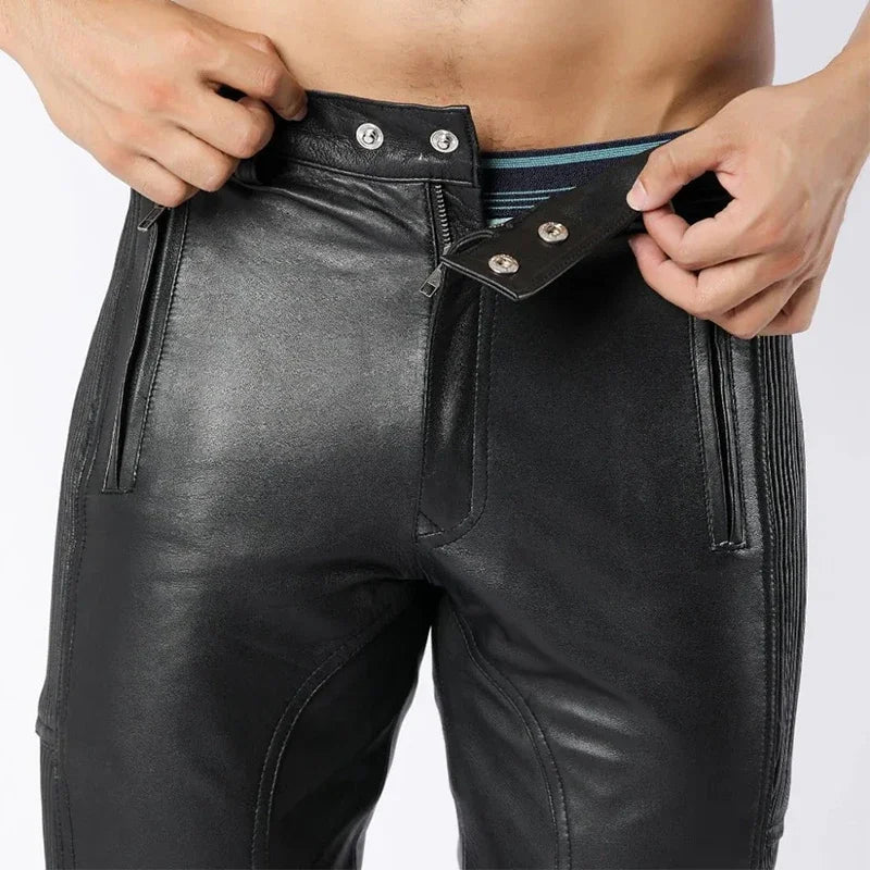 Leather Men Slim Pencil Pants Male Motorcycle Pants Style Trousers