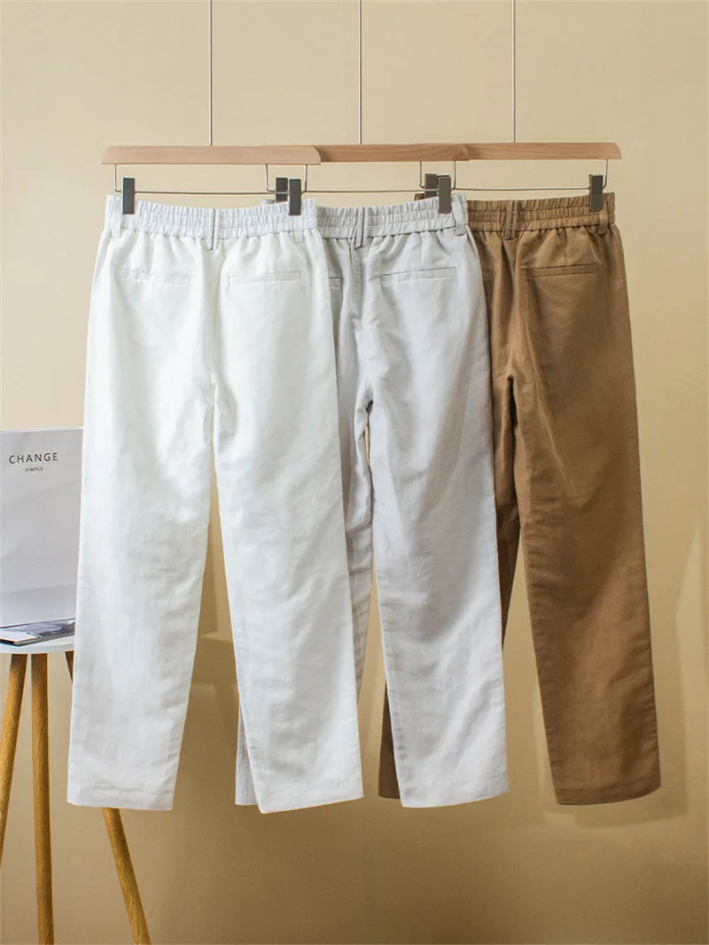 Summer Women's Solid Beaded Chain Elastic Waist Pants Linen Harlem Pants