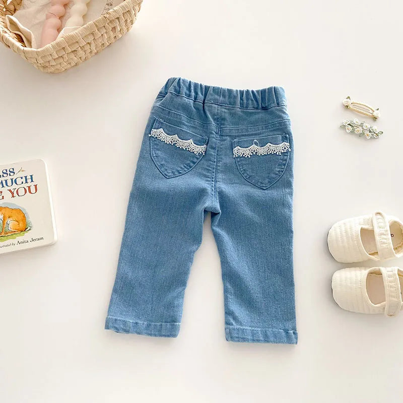 Spring Kids Jeans Trousers Children Girls Cute Bow Denim Blue Pants