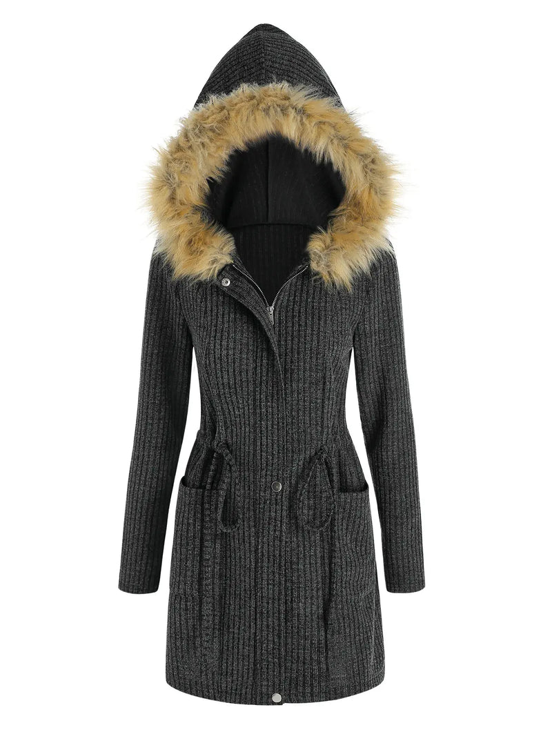 Panel Drawstring Hooded Ribbed Coat  Knitted Long Warm Coats For Women