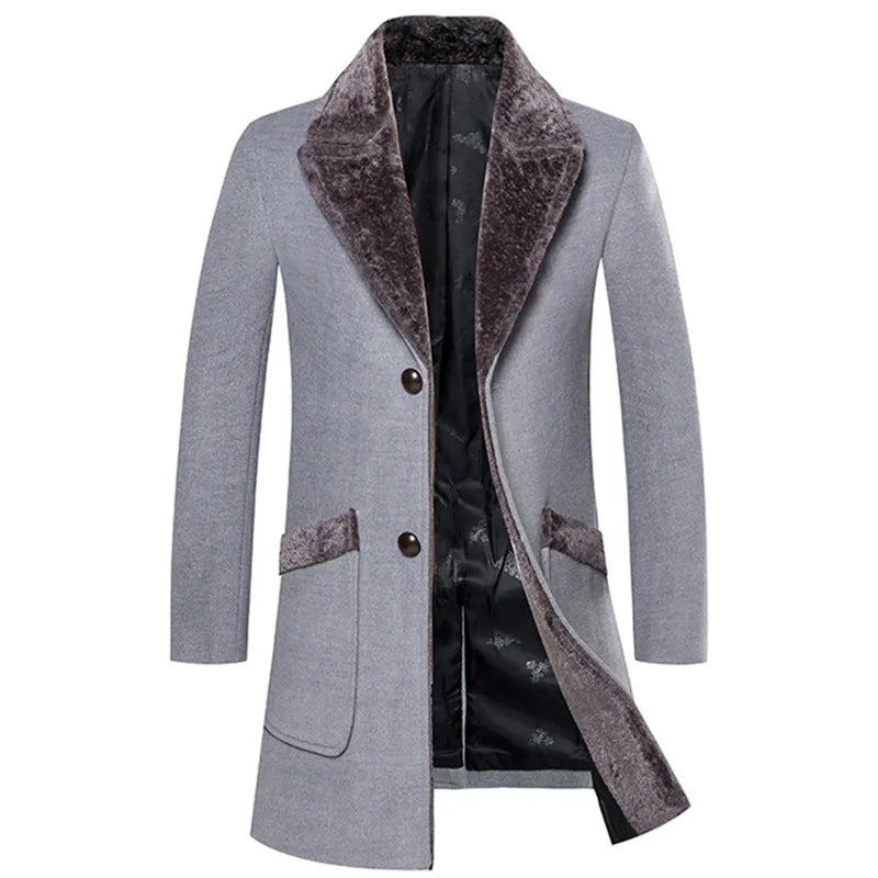 Winter Men's Long Woolen Coat Fur Collar Warm Wool Coats Male Casual Windbreaker Jacket