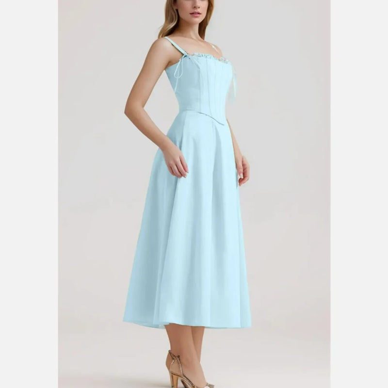 Aqua blue Hem Slit Swing Midi Dress With Bow Strap Slim Corsets Crop Top Fairy