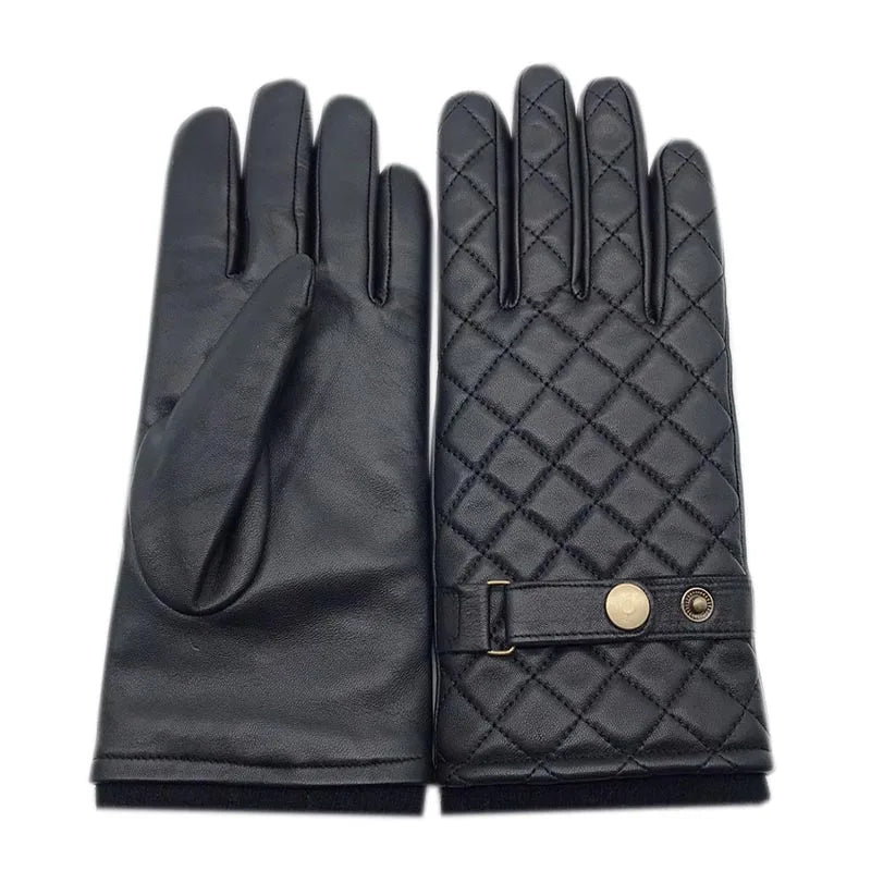 Winter men's gloves wrist leather gloves wool lining machine sewing warm driving riding black