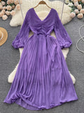 Women Lantern Sleeve Pleated Dresses Spring Autumn Retro Pleated A-line Long Dress Ladies Elegant Party Dress