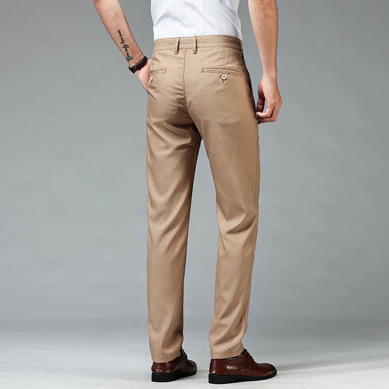 Men Dress Pants Elastic Wrinkle-Free Tailored Trousers Men Smart Casual Loose Straight Pants Thin