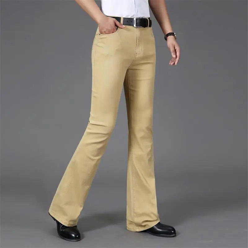 Men Business Casual Pants Mid Waist Elastic Slim Boot Cut Semi Flared