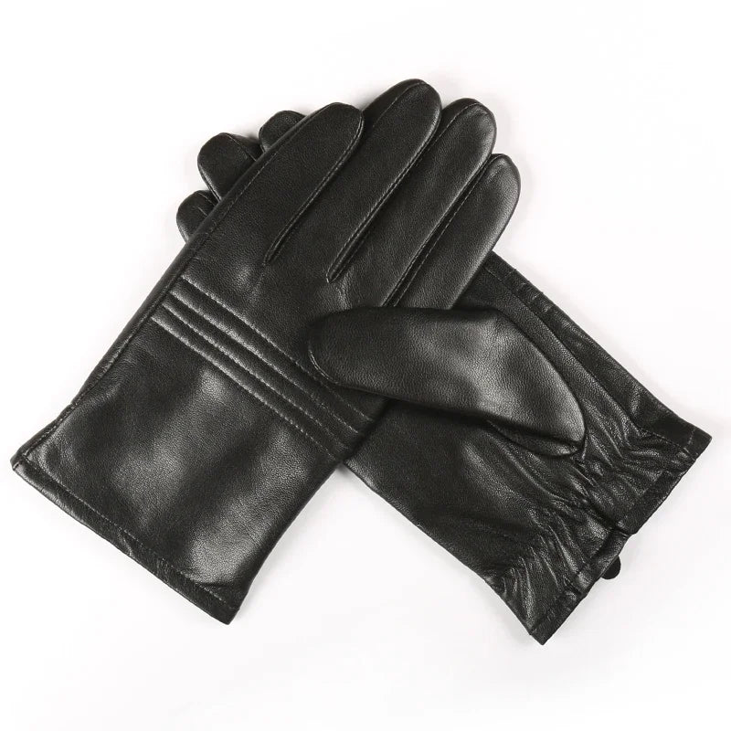 Winter Real Leather Gloves Men Black Genuine Touch Screen Glove Fleece Lined Warm Soft