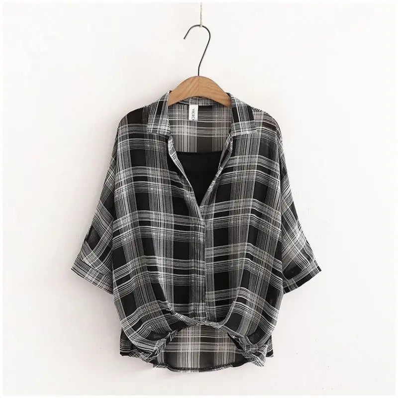 Striped Plaid Loose Black Vest Two Piece Set Women Blouse Shirt Female Clothing Tops