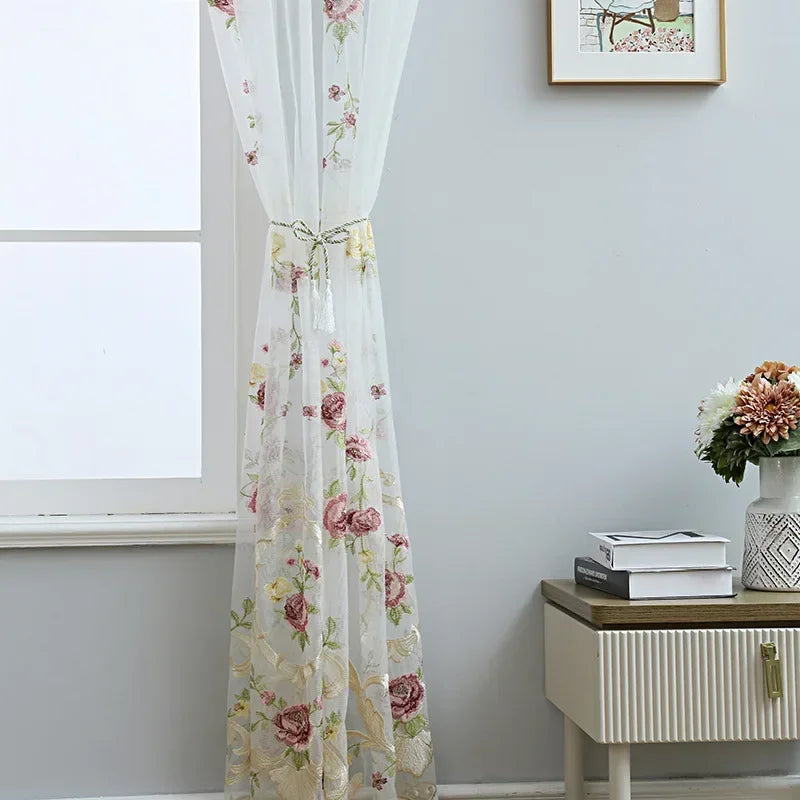 Flower Embroidered Curtains for Living Dining Room Bedroom Semi-Blackout Yarn Sheer Transparent