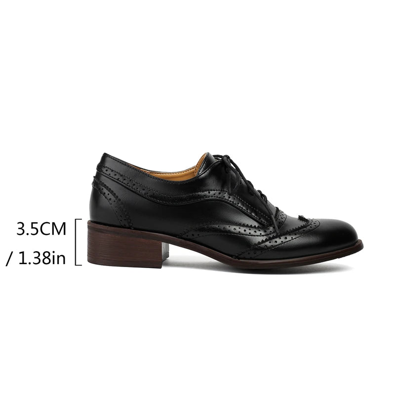 Spring Autumn Oxford Shoes for Women Round Toe Brogue Derby Lace Up Casual Shoes Work Party Pumps