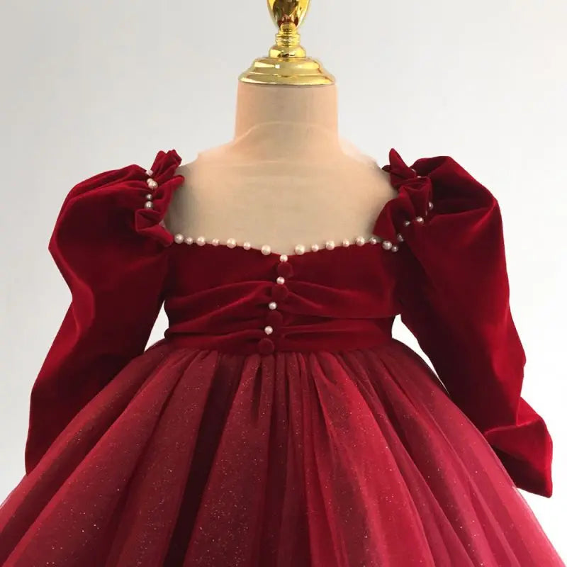 Newborn Baby Girl Princess Xmas Red Pearl Dress Puff Child Winter Evening Gown Baby Clothes