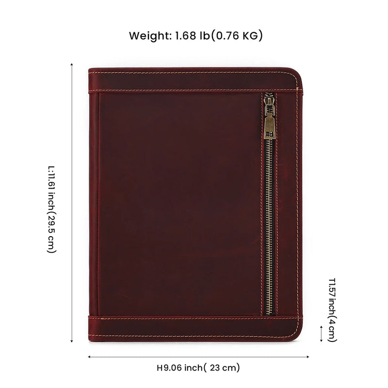 Zippered Genuine Leather Business Portfolio Carrying Organizer Business Card Phone Pocket Pen Slots for IPad Tablet Holder