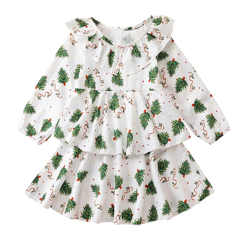 Autumn Christmas Kids Toddler Girls Long Sleeve Doll Collar Tree Print Princess Dress Clothes