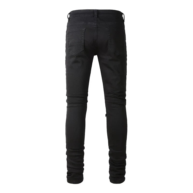 Men Leather Patch Biker Jeans for Motorcycle Streetwear Holes Ripped Patchwork Stretch Denim