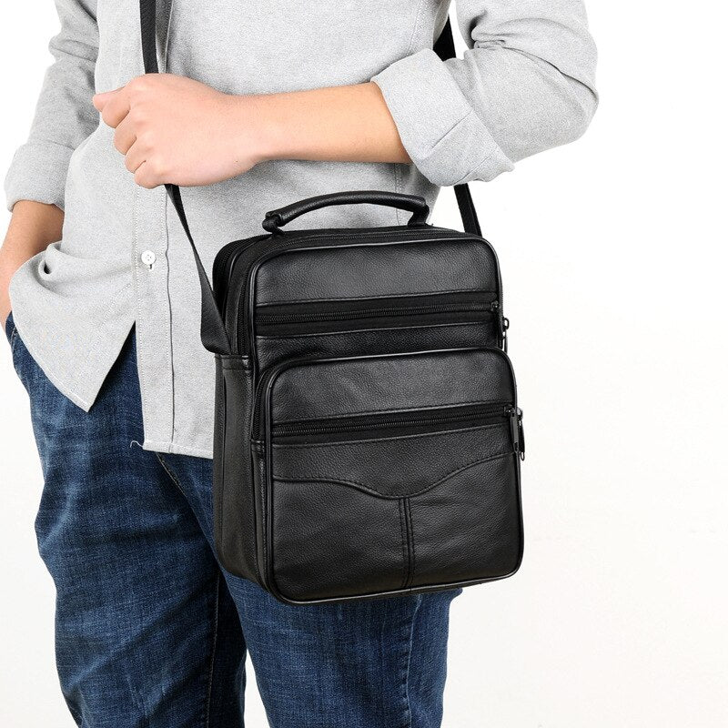 Male Black Crossbody Bag Luxury Leather Waterproof Handbag Businessmen Multifunctional Large Capacity Shoulder Bags