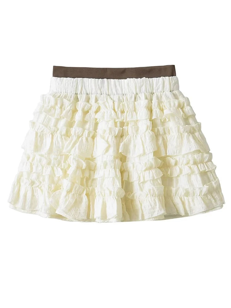 Women Sweet Laminated Fungus Mini Skirt Cute Elastic High Waist Puffy Skirt Chic Short Cake Skorts