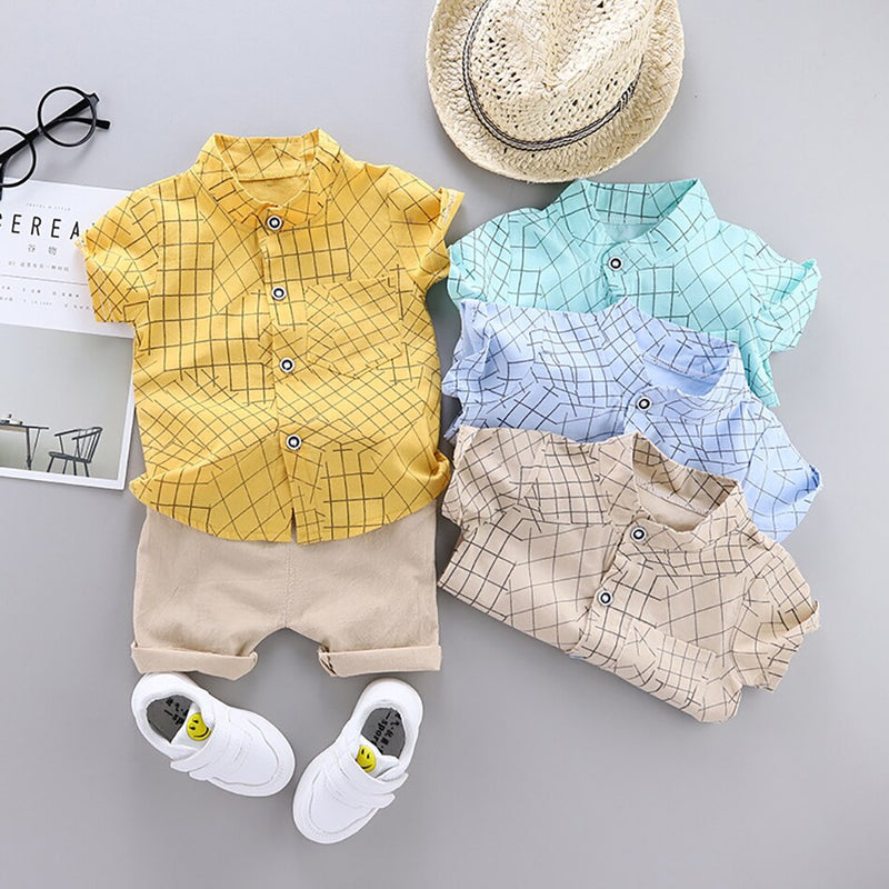 Kids Baby Boy Clothes Simple Lattice Summer Sets 2Pcs Short Sleeve Shirt+Shorts Child Boy Beach Wear Outfits