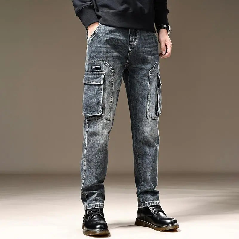 Jeans for Men Straight Pants with Pockets Trousers Cargo Regular Stacked Trend