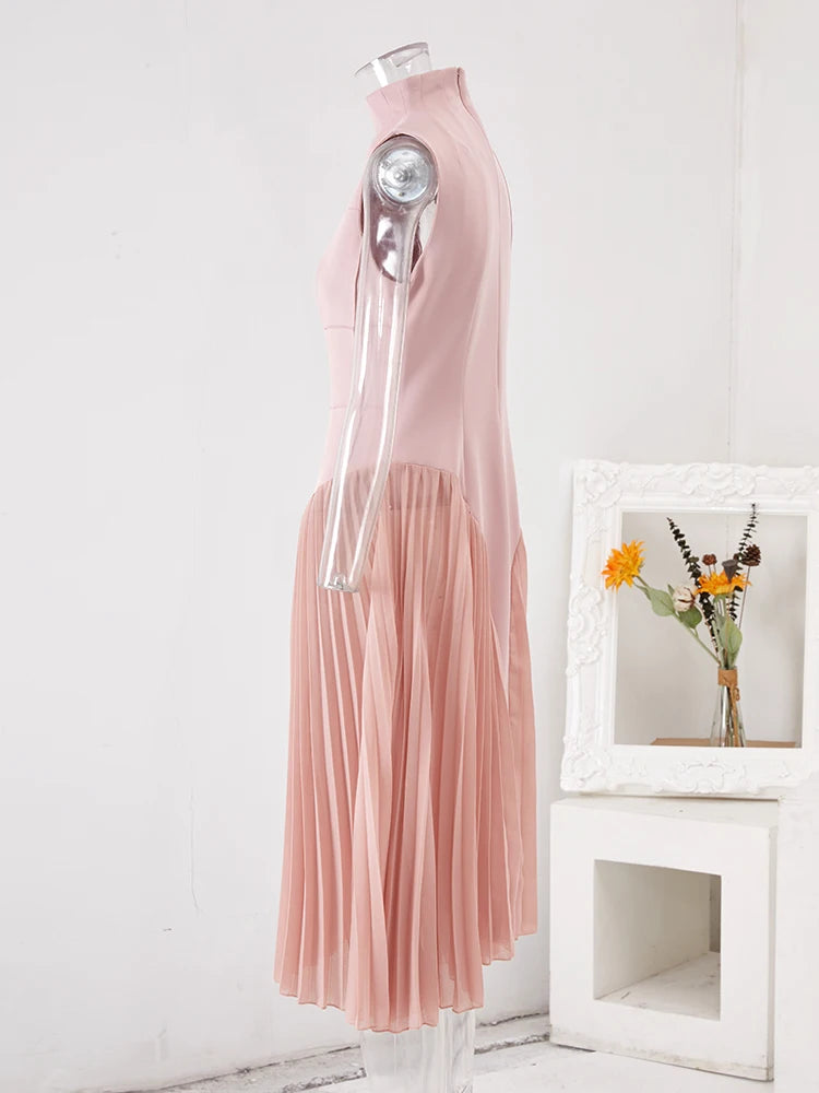 Sweet And Lovely Sleeveless Splicing Standing Neck Women's Pleated Dress Beautiful Clothing