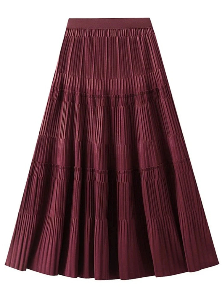 Autumn Flare Pleated Midi Long Skirt Big Swing Holiday Skirts