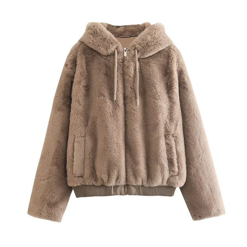 Women Thick Warm Faux Fur Hooded Jacket Coat Vintage Front Zipper Female Outerwear Chic Tops